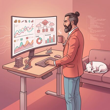 Marco lavora in piedi a una scrivania regolabile con monitor curvo, osserva diagrammi e grafici di costo, beve un caffè caldo e sullo sfondo c'è un divano con sopra un bull terrier completamente bianco che dorme