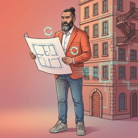 Marco confronta un progetto tecnico disegnato su carta con un edificio reale che ha stanze in più, porte murate e scale che non compaiono nel disegno