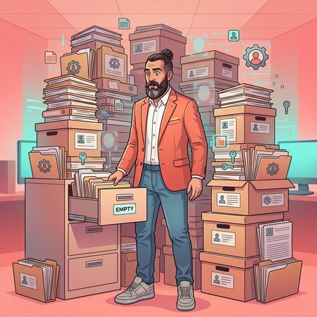 Marco apre un archivio etichettato come vuoto e lo trova pieno di fascicoli personali impilati fino al soffitto