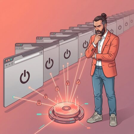 Marco davanti a una fila di siti web spenti, con un unico piccolo disco surriscaldato in primo piano che tiene tutti in ostaggio