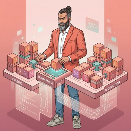 Rappresentazione visiva di un'infrastruttura AWS modulare con due ambienti speculari, staging e produzione, costruiti dagli stessi blocchi Terraform